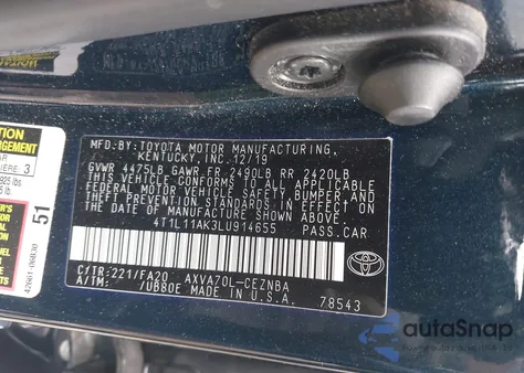 2020 Toyota Camry Le из США, поврежденный, VIN 4T1L11AK3LU914655